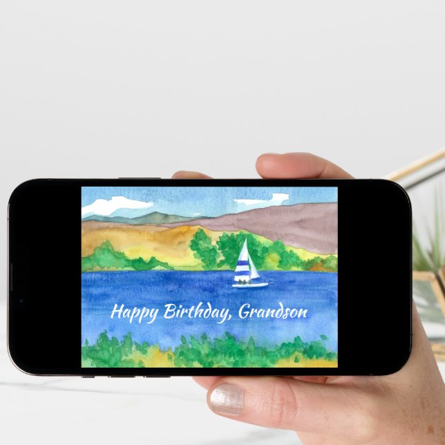 Happy Birthday Grandson Sailing Mountain Lake Card (Front Digital)