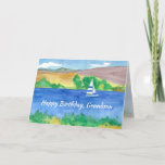 Happy Birthday Grandson Sailing Mountain Lake Card<br><div class="desc">A happy birthday greeting card for someone who enjoys the outdoors and water sports featuring people sailing on a quiet mountain lake in summer with trees and rolling hills in the background painted with watercolor.  Customize the text to fit your needs.</div>