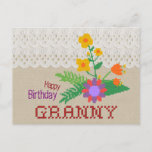 Happy Birthday Granny CC0683 Handicraft Postcard<br><div class="desc">A birthday postcard for Granny,  complete with flowers,  cross-stitches and lace curtains. :)  You can customize  two texts on the front page,  simply by typing over the example text underneath the 'Edit this design template' heading.</div>