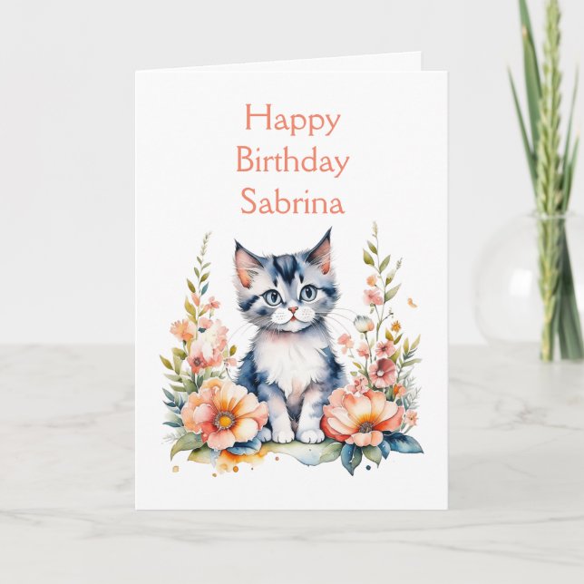 Happy Birthday | Gray Kitten Personalized Card (Front)