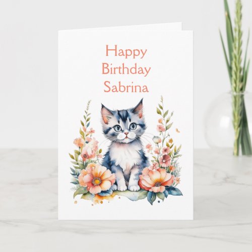 Happy Birthday  Gray Kitten Personalized Card