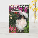 Happy Birthday great granddaughter Black doll Card<br><div class="desc">A cute little black doll in Victorian style dress among flowers with the text Happy Birthday Great Granddaughter..</div>