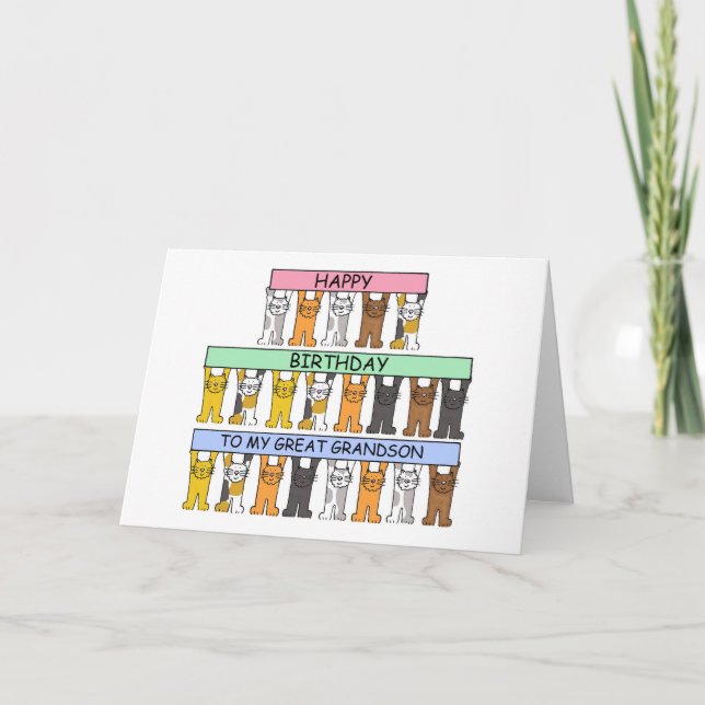 Happy Birthday Great Grandson Cartoon Cats Card (Front)