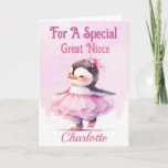 Happy Birthday Great Niece Penguin Pink Ballerina Card<br><div class="desc">A cute Birthday card designed for a special great / grand Niece . Design of a baby penguin dressed as a ballerina in a pink tutu with a pale pink and white snowy background . All text can be amended as needed . Customized by changing the title and who for...</div>