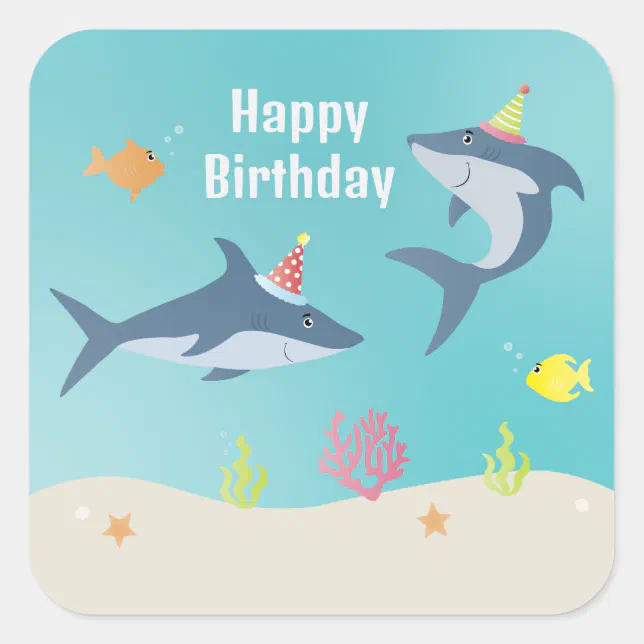 Happy Birthday Great White Shark Cartoon Square Sticker | Zazzle
