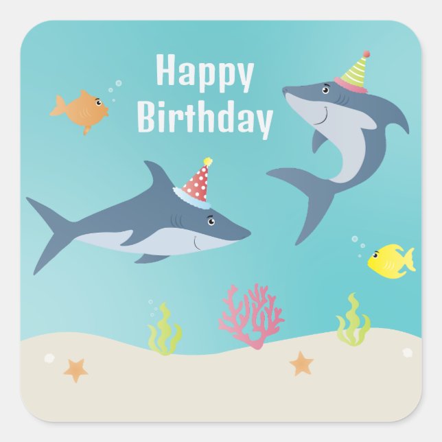 Happy Birthday Great White Shark Cartoon Square Sticker (Front)