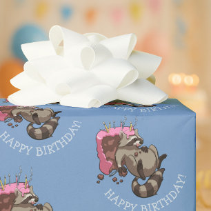Happy Birthday! Greedy Cake Eater Cartoon Raccoon  Wrapping Paper