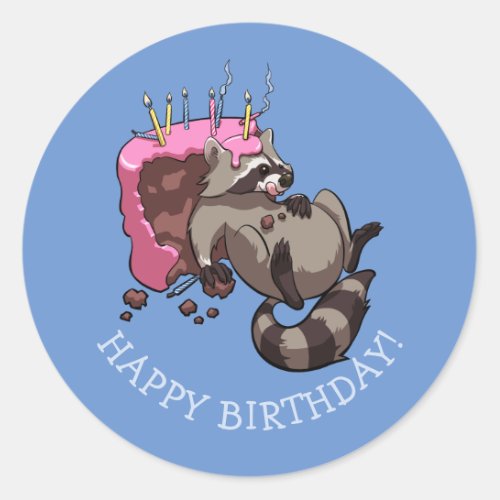 Happy Birthday Greedy Raccoon Cake Cartoon Classic Round Sticker