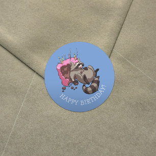 Happy Birthday! Greedy Raccoon Cake Cartoon Classic Round Sticker