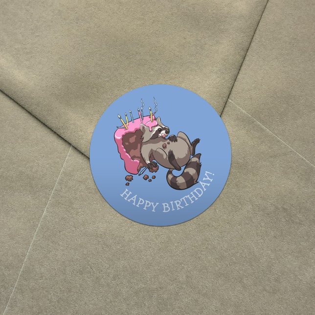 Happy Birthday! Greedy Raccoon Cake Cartoon Classic Round Sticker (Creator Uploaded)