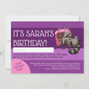 Happy Birthday Greedy Raccoon Cake Cartoon Invitation
