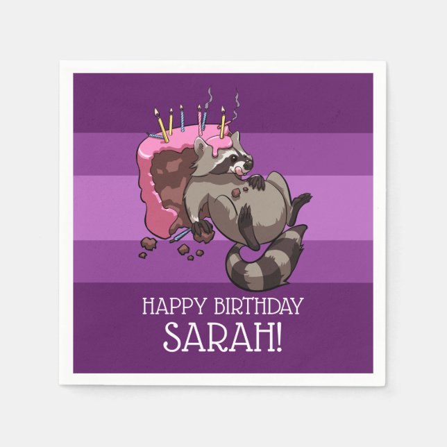 Happy Birthday Greedy Raccoon Cake Cartoon Napkins (Front)