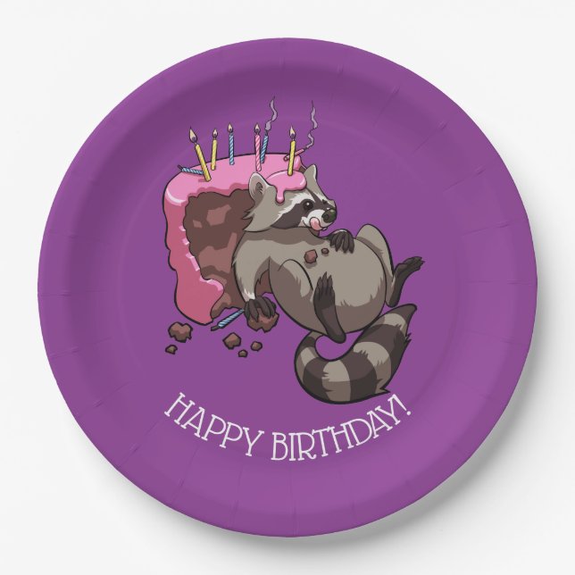 Happy Birthday Greedy Raccoon Cake Cartoon Paper Plates (Front)