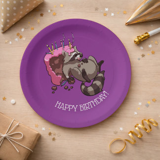 Happy Birthday Greedy Raccoon Cake Cartoon Paper Plates