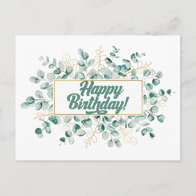 Happy Birthday Green and Golden Eucalyptus Leaves Postcard (Front)