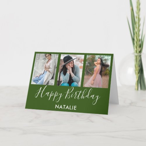 Happy Birthday Green and White 3 Photo Collage Card