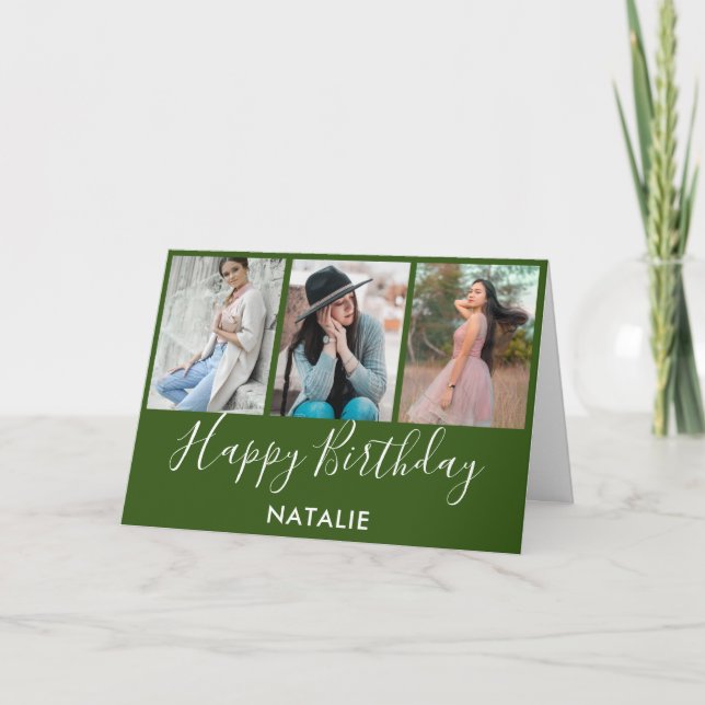 Happy Birthday Green and White 3 Photo Collage Card (Front)