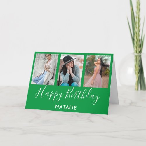 Happy Birthday Green and White 3 Photo Collage Card