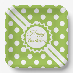 Happy Birthday Green And White Polka Dots Paper Plates