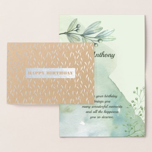 Happy Birthday Green Blue Berry Branch Luxury Foil Card