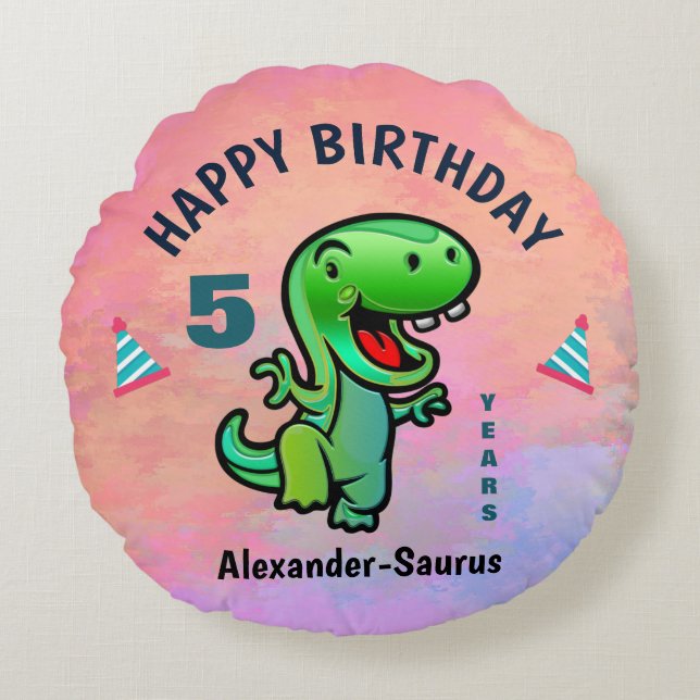  Happy Birthday Green Dinosaur Personalize Round Pillow (Front)