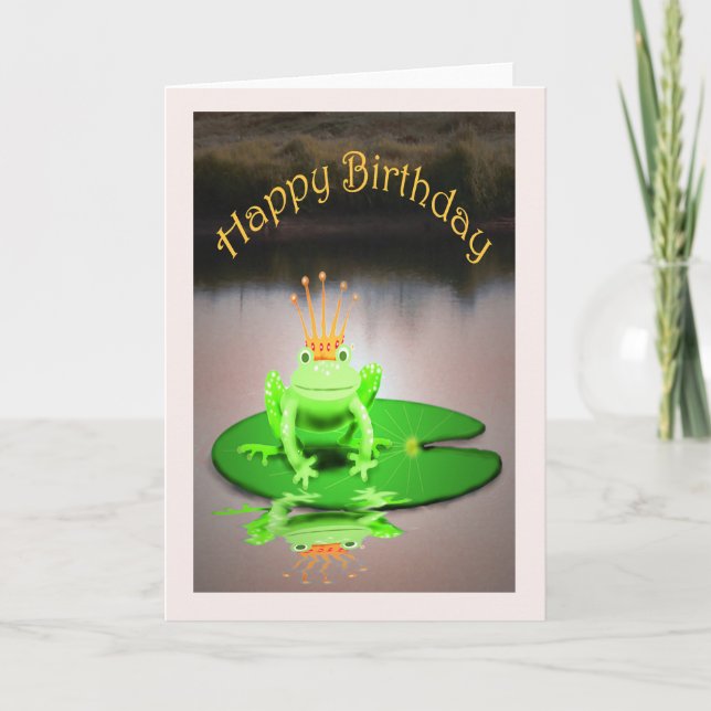 Happy Birthday, green frog wearing crown, humor Card (Front)