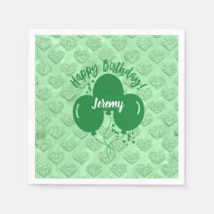 Happy Birthday Green Hearts Balloons Personalized Napkins