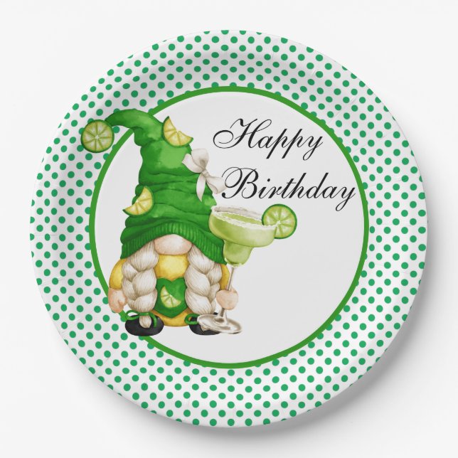 Happy Birthday Green Margarita Gnome Paper Plates (Front)