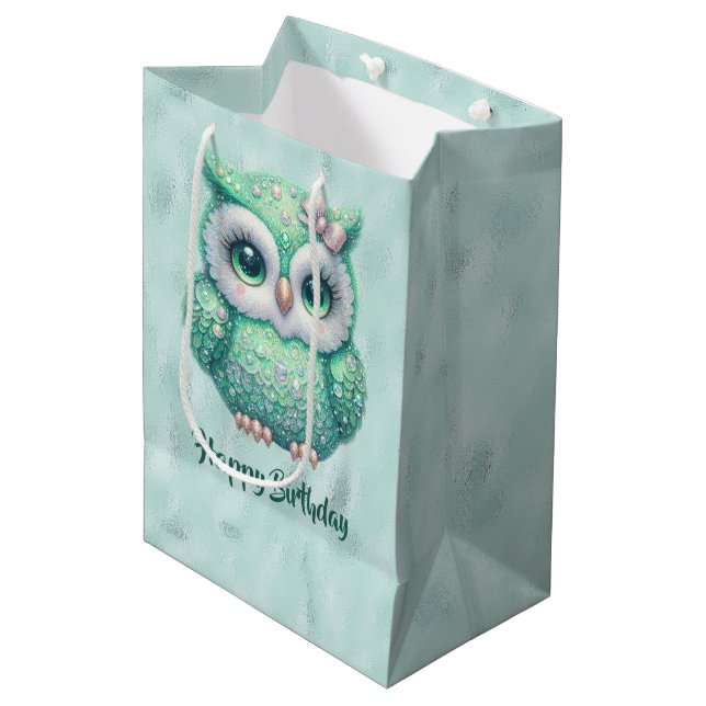 Happy Birthday Green Owl on Green Medium Gift Bag (Front Angled)