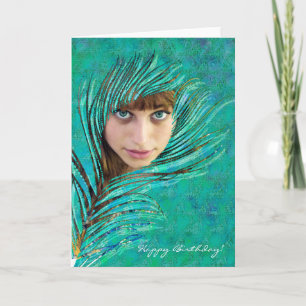 Happy Birthday ! - Green peacock photo card