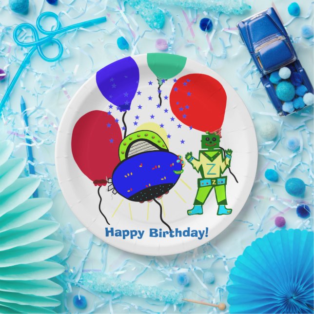 Happy Birthday Green Robot Boy Blue Spaceship Paper Plates (Party)