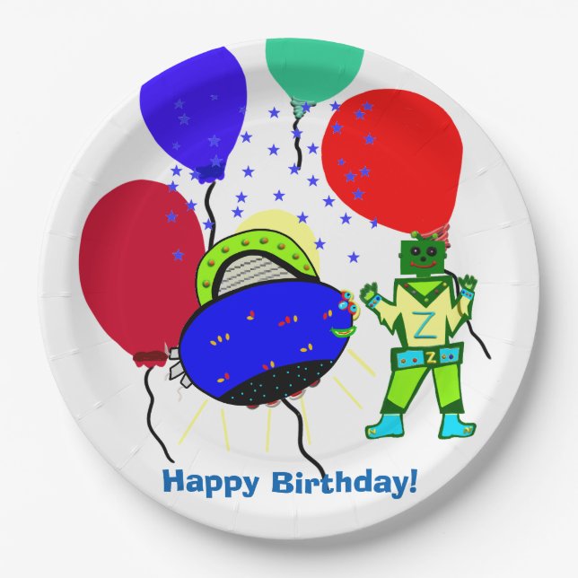 Happy Birthday Green Robot Boy Blue Spaceship Paper Plates (Front)