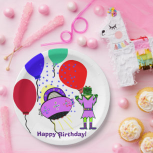 Happy Birthday Green Robot Pink Purple Spaceship Paper Plates