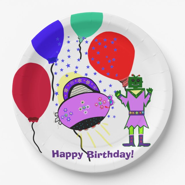 Happy Birthday Green Robot Pink Purple Spaceship Paper Plates (Front)