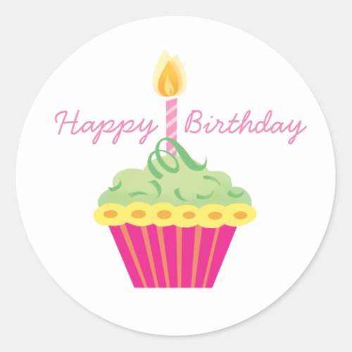 Happy Birthday Green Yellow and Pink Cupcake Classic Round Sticker