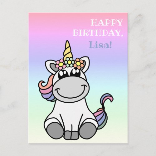 Happy Birthday Greetings Cute Unicorn Rainbow Pink Postcard