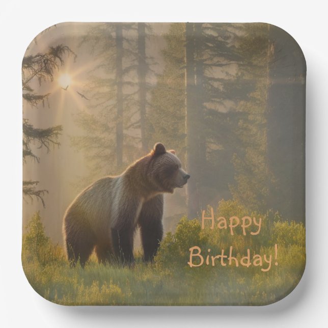 Happy Birthday Grizzly Bear Paper Plates (Front)