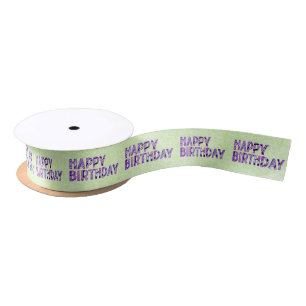 Happy Birthday Groovy Colorful Text on Lime Satin Ribbon