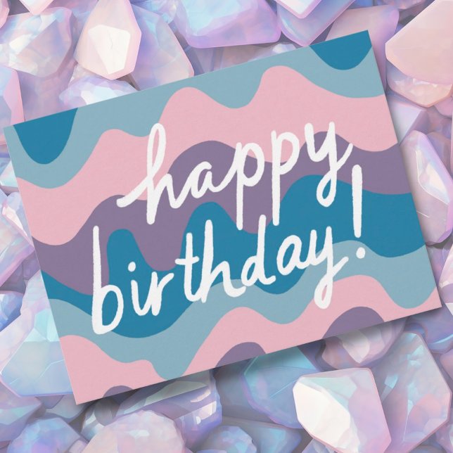 HAPPY BIRTHDAY Groovy Colorful Wavy Stripes Postcard (Pretty purple and blue birthday postcard! Add your own text to the back side, )