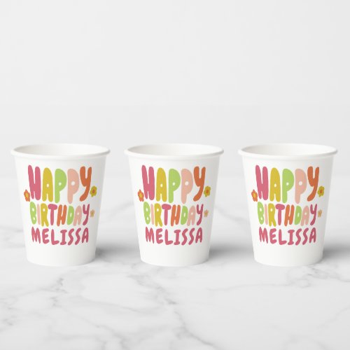 HAPPY BIRTHDAY Groovy Daisies COLORFUL CUSTOM  Paper Cups