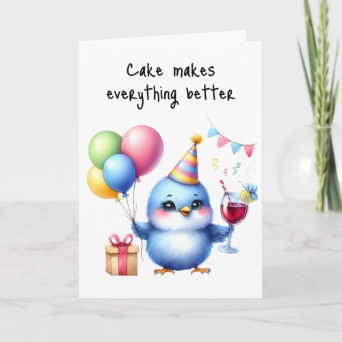 Happy Birthday Grumpy Bird Cake Balloons Red Wine Card