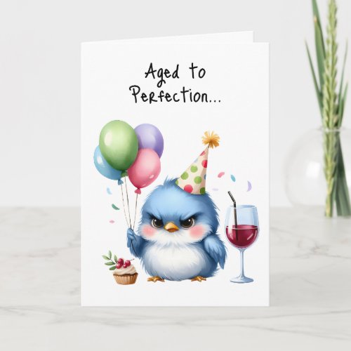 Happy Birthday Grumpy Bird Cupcake Balloons Wine Card