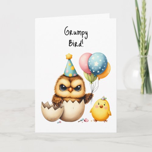 Happy Birthday Grumpy Bird Hatched Egg Balloons Card
