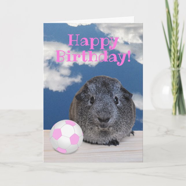 Happy Birthday Guinea Pig Pink White Soccer Ball Card (Front)