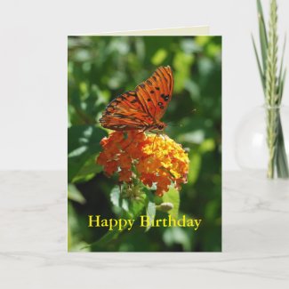 Happy Birthday Gulf Fritillary Butterfly,  Lantana Card