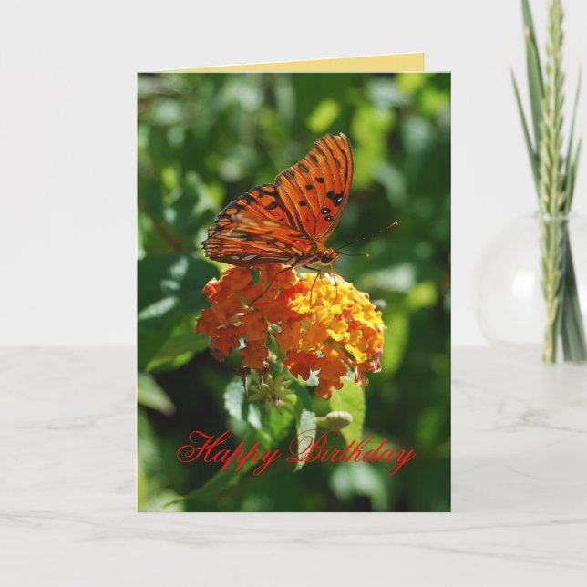 Happy Birthday Gulf Fritillary Butterfly,  Lantana Card (Front)