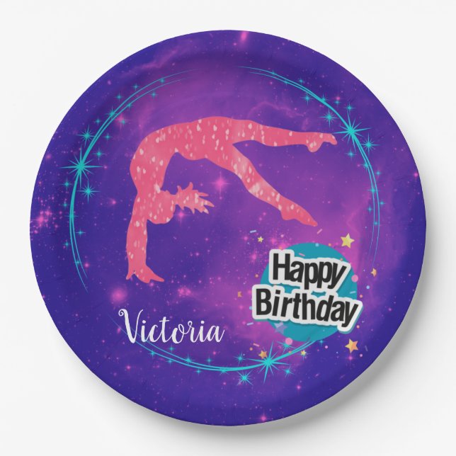 Happy Birthday Gymnastics Galaxy Tumbling Paper Plates (Front)