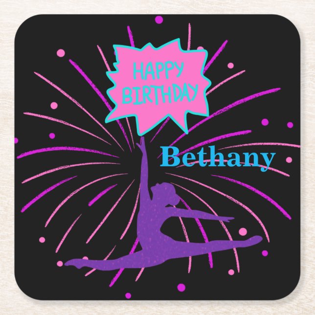 Happy Birthday Gymnastics Personalized  Square Paper Coaster (Front)