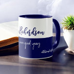 Happy Birthday half-navy half-white mug<br><div class="desc">A modern navy blue and white coffee-mug personalized with your own special name and message</div>