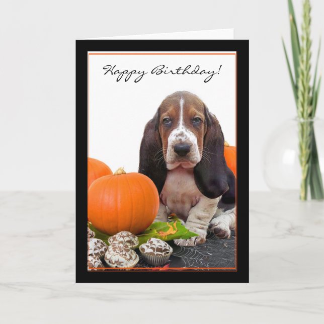 Happy Birthday Halloween Basset Hound card (Front)